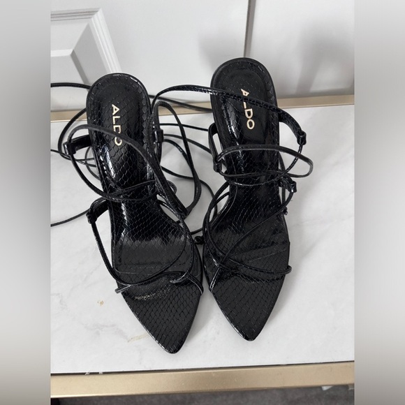 Aldo | Black Pointed  Toe Lace Up High Heel Sandal | Size 5 - Picture 3 of 7